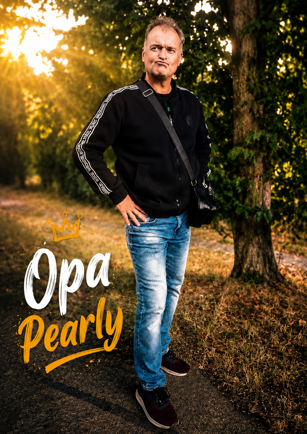 Opa Pearly steht draußen unter Bäumen und schaut humorvoll in die Kamera